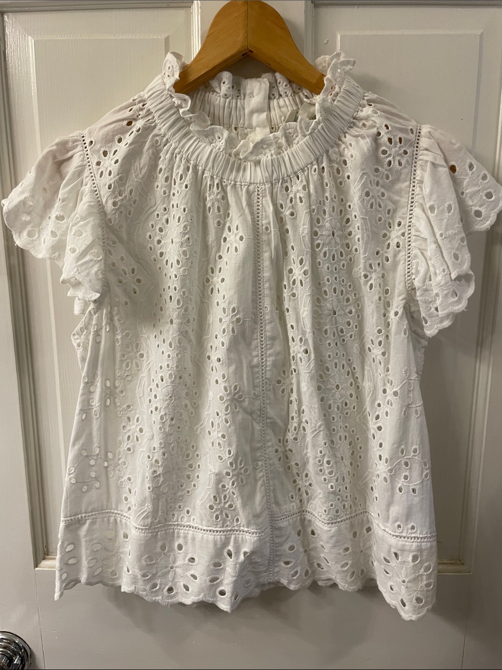 White Eyelet Smocked Neck Flutter Sleeve Blouse